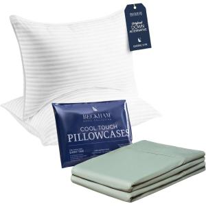 imageBeckham Hotel Collection Queen Bed Pillows ampamp Cooling Pillowcases  Sets of 2 Aqua Gray