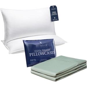imageBeckham Hotel Collection King Bed Pillows ampamp Cooling Pillowcases  Sets of 2 Aqua Gray