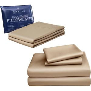 imageBeckham Hotel Collection Cotton Queen Sheet 4Piece Set with 2 Additional Cooling Pillow Cases for Hot Sleepers Sand