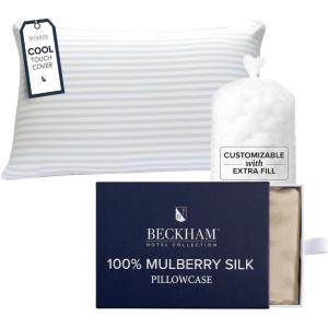 imageBeckham Hotel Collection Adjustable Cooling Pillow with Mulberry Silk Pillowcase for Hot Sleeper amp Beauty Sleep 1PC Set Queen Champagne