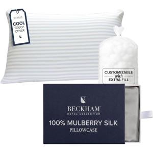 imageBeckham Hotel Collection Adjustable Cooling Pillow with Mulberry Silk Pillowcase for Hot Sleeper amp Beauty Sleep 1PC Set Queen Silver Cloud