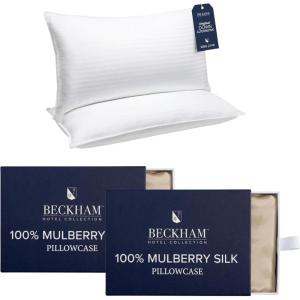 imageBeckham Hotel Collection Pillows with 2 Silk Pillowcases for Hair amp Skin 22 Momme 6A Grade Mulberry Silk King Champagne
