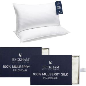 imageBeckham Hotel Collection Pillows with 2 Silk Pillowcases for Hair amp Skin 22 Momme 6A Grade Mulberry Silk King Ivory