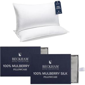 imageBeckham Hotel Collection Pillows with 2 Silk Pillowcases for Hair amp Skin 22 Momme 6A Grade Mulberry Silk King Silver Cloud