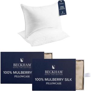 imageBeckham Hotel Collection Pillows with 2 Silk Pillowcases for Hair amp Skin 22 Momme 6A Grade Mulberry Silk Queen Champagne