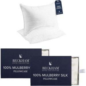 imageBeckham Hotel Collection Pillows with 2 Silk Pillowcases for Hair amp Skin 22 Momme 6A Grade Mulberry Silk Queen Ivory