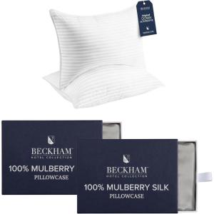 imageBeckham Hotel Collection Pillows with 2 Silk Pillowcases for Hair amp Skin 22 Momme 6A Grade Mulberry Silk Queen Silver Cloud